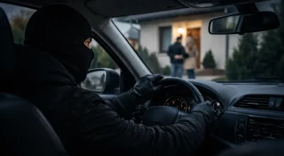 Homme cagoulé dans une voiture surveillant un couple entrant dans un pavillon avant un cambriolage ciblant des détenteurs de cryptomonnaies