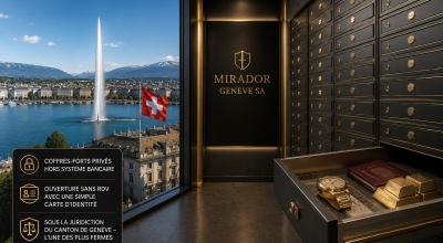 Coffre-fort privé à Genève avec vue sur le Jet d’Eau et armoires sécurisées haut de gamme hors système bancaire.