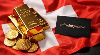 Lingots et pièces en or posés sur le drapeau suisse avec carte Mirador Genève, stockage sécurisé de métaux précieux en chambre forte à Genève