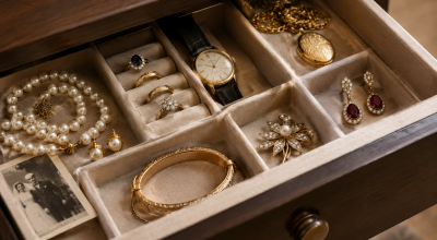 Tiroir contenant des bijoux de famille anciens, des bagues en or, un collier de perles et une montre de collection à protéger à Genève.