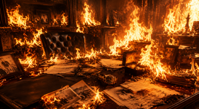 Bureau en flammes avec des documents, une montre, des photographies et des objets de valeur détruits par un incendie.
