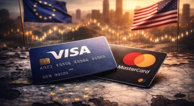 Cartes Visa et Mastercard posées sur une carte de l’Europe avec les drapeaux européen et américain en arrière-plan, illustrant la dépendance des paiements européens aux réseaux financiers des États-Unis