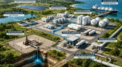 Vue aérienne d'une installation d'hydrogène vert avec ferme solaire et éolienne, unité d'électrolyse, station de traitement d'eau, puits de gaz naturel, stockage d'hydrogène, station de compression, terminal de chargement et pipeline vers les utilisateurs et exportation maritime.