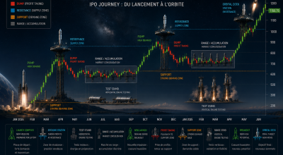Illustration de l'introduction en Bourse de SpaceX montrant des fusées réutilisables évoluant sur un graphique boursier avec zones de support, résistances, phases d'accumulation et décollages symbolisant les mouvements de marché.