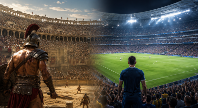 Transition visuelle entre une arène romaine remplie de gladiateurs et un stade de football moderne bondé de spectateurs