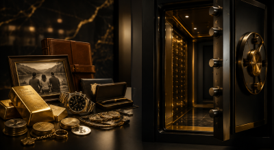 Lingots d'or, montre de luxe, bijoux et souvenirs personnels devant un coffre-fort privé sécurisé illustrant la protection des biens de valeur.