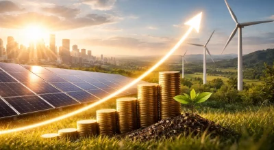 energie renouvelable avec panneaux solaires et eoliennes illustrant la croissance economique et la stabilite des marches financiers