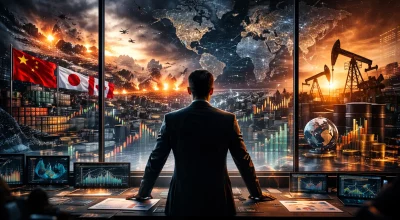 Homme observant un conflit mondial pendant que des stratégies économiques, alliances internationales et marchés financiers se mettent en place en arrière-plan