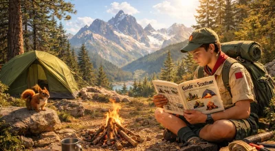 Jeune scout installant son camp en montagne suisse en suivant un guide de survie, forêt méditerranéenne ensoleillée avec tente et feu de camp