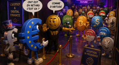 Illustration humoristique représentant l’euro et la livre sterling arrivant à une réunion de monnaies numériques où Bitcoin, USDT, dollar et yen discutent déjà de l’avenir des cryptomonnaies et des stablecoins.