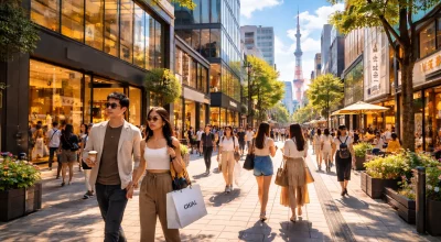 Rue animée d’un quartier chic au Japon avec des passants habillés à la mode asiatique contemporaine, boutiques élégantes sans marques connues, arbres et fleurs, journée ensoleillée avec ciel bleu, symbolisant la prospérité et la croissance économique en Asie.