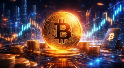 Illustration paysage d’un bitcoin lumineux au centre d’un environnement financier numérique avec graphiques boursiers et skyline moderne