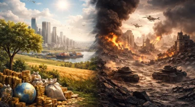 Illustration paysage montrant le contraste entre une ville prospère en temps de paix et une zone urbaine détruite par la guerre, symbolisant l’impact économique mondial