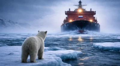 Ours polaire sur une banquise observant un immense brise-glace russe approcher dans l’Arctique, symbolisant la compétition géopolitique et les enjeux économiques mondiaux.
