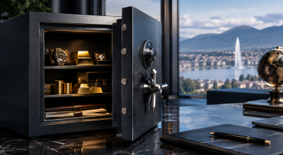 Coffre-fort privé sécurisé contenant des lingots d'or, une montre de luxe, des bijoux et des documents dans une chambre forte à Genève.