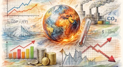 Illustration réaliste de données économiques et climatiques montrant l’impact du réchauffement climatique sur la croissance mondiale avec graphiques et globe terrestre