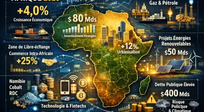 Infographie du continent africain en 2026 montrant la croissance économique, les investissements étrangers de 80 milliards USD, les nouvelles découvertes de gaz et pétrole, les projets d’énergies renouvelables de 50 milliards USD, l’urbanisation à +12%, le commerce intra-africain à +25%, la technologie et fintechs, et les risques liés à la dette publique et au climat.