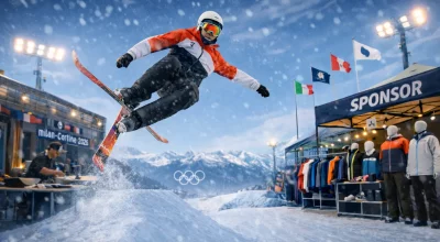 Skieur en plein saut lors des Jeux olympiques d’hiver 2026 à Milan-Cortina, épreuve de ski alpin avec sponsors et montagnes en arrière-plan