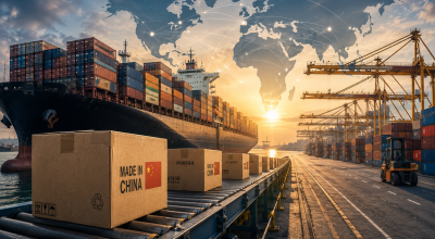 Porte-conteneurs géant déchargeant des marchandises chinoises dans un port international illustrant l’augmentation des importations européennes