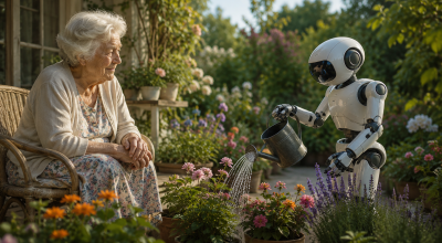 Vieille femme observant un robot autonome arroser des plantes dans un jardin résidentiel