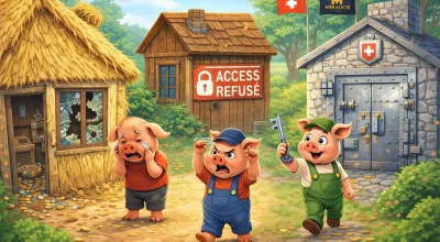 Illustration des trois petits cochons représentant la sécurité des biens, cambriolage, compte gelé et chambre forte privée Mirador Genève avec drapeau suisse