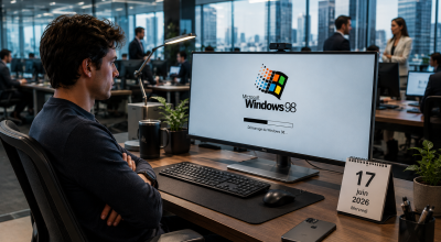 Jeune professionnel dans un open space moderne en 2026 attendant le démarrage de Windows 98 sur un ordinateur haut de gamme, illustration de l’obsolescence des outils numériques et de l’évolution du modèle logiciel.