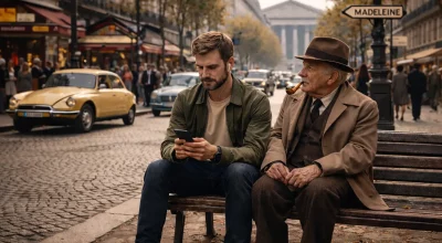 Homme contemporain regardant son smartphone assis sur un banc à Paris en 1970, près de la Madeleine, aux côtés d’un homme âgé en tenue d’époque, symbole du choc des générations et des crises économiques