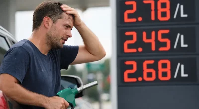 Homme faisant le plein à une station essence en regardant les prix élevés affichés sur le panneau carburant