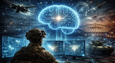 Illustration futuriste montrant un cerveau numérique connecté à des systèmes militaires, drones et centre de commandement, représentant l’intelligence artificielle appliquée à la défense