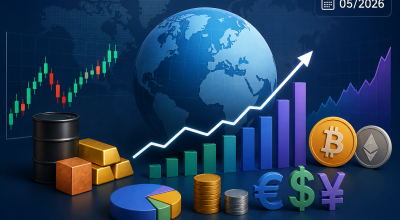 illustration des marchés financiers mondiaux avec graphiques haussiers, matières premières, devises et cryptomonnaies mai 2026