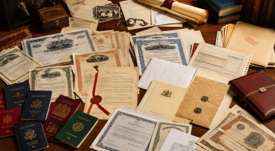 Documents importants originaux sur une table : passeports internationaux, certificats d'actions anciens, actes notariés, documents de succession, parts de société et archives confidentielles.