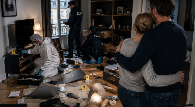 La police scientifique relève des empreintes dans un appartement cambriolé pendant qu'un mari rassure son épouse devant un salon entièrement saccagé.
