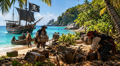 Pirates débarquant des coffres au trésor sur une île tropicale avec un galion pirate au mouillage.