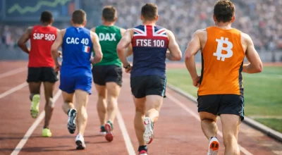 Vue de dos de coureurs sur une piste rouge : Bitcoin en orange à la traîne derrière les indices boursiers S&P 500, CAC 40, DAX et FTSE 100, symbolisant la sous-performance des cryptomonnaies par rapport aux marchés traditionnels.