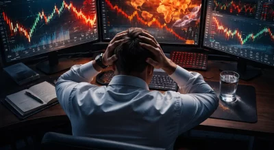 Homme trader observant des graphiques financiers volatils sur plusieurs écrans, anticipant un choc économique mondial et l’instabilité des marchés