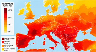 Météo : carte des températures en Europe montrant une canicule exceptionnelle avec des valeurs dépassant localement 40°C en France, en Espagne, en Italie et dans les Balkans.