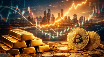 Illustration paysage montrant des lingots d'or et des pièces de Bitcoin avec graphique financier et skyline en arrière-plan, reflétant la volatilité des marchés des métaux précieux, bourse et cryptomonnaies