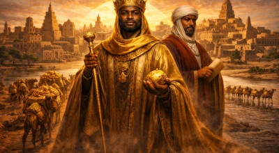 Illustration historique de Mansa Musa et de la dynastie Keïta de l’empire du Mali, avec des guerriers Soumano en cuir, des caravanes de chameaux chargées d’or traversant le désert et la ville prospère de Tombouctou en arrière-plan.
