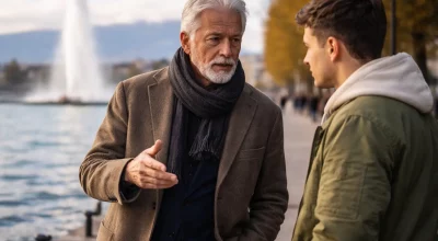 Vieux homme expliquant un concept à un jeune homme à Genève, mentorat et transmission de savoir en contexte urbain