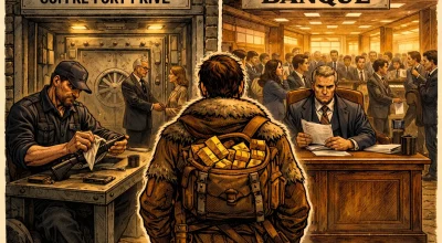Illustration comparant une chambre forte privée sécurisée et une banque traditionnelle, montrant la différence entre protection patrimoniale indépendante et système bancaire institutionnel